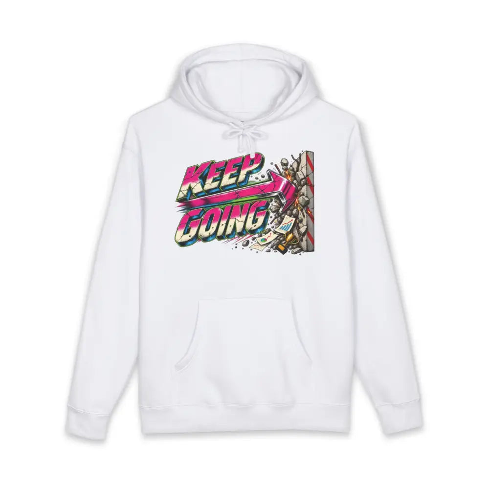 White unisex hoodie with vibrant retro keep going graphic in pink and teal featuring tear away label and machine wash care instructions