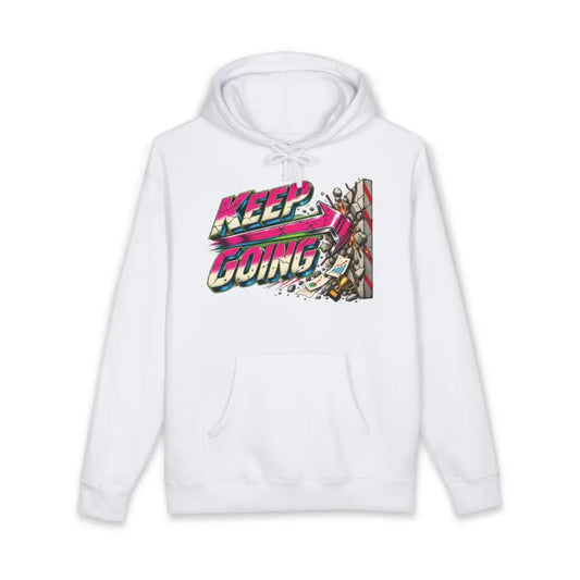 White unisex hoodie with vibrant retro keep going graphic in pink and teal featuring tear away label and machine wash care instructions