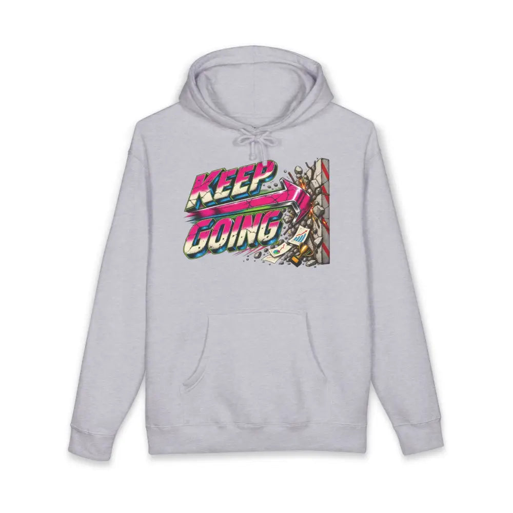 Light gray keep going unisex hoodie with vibrant pink green yellow graphic bursting through wall, machine wash care instructions included