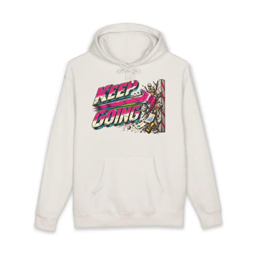 Cream-colored keep going unisex hoodie with retro pink and teal graphic tear-away label machine wash care instructions