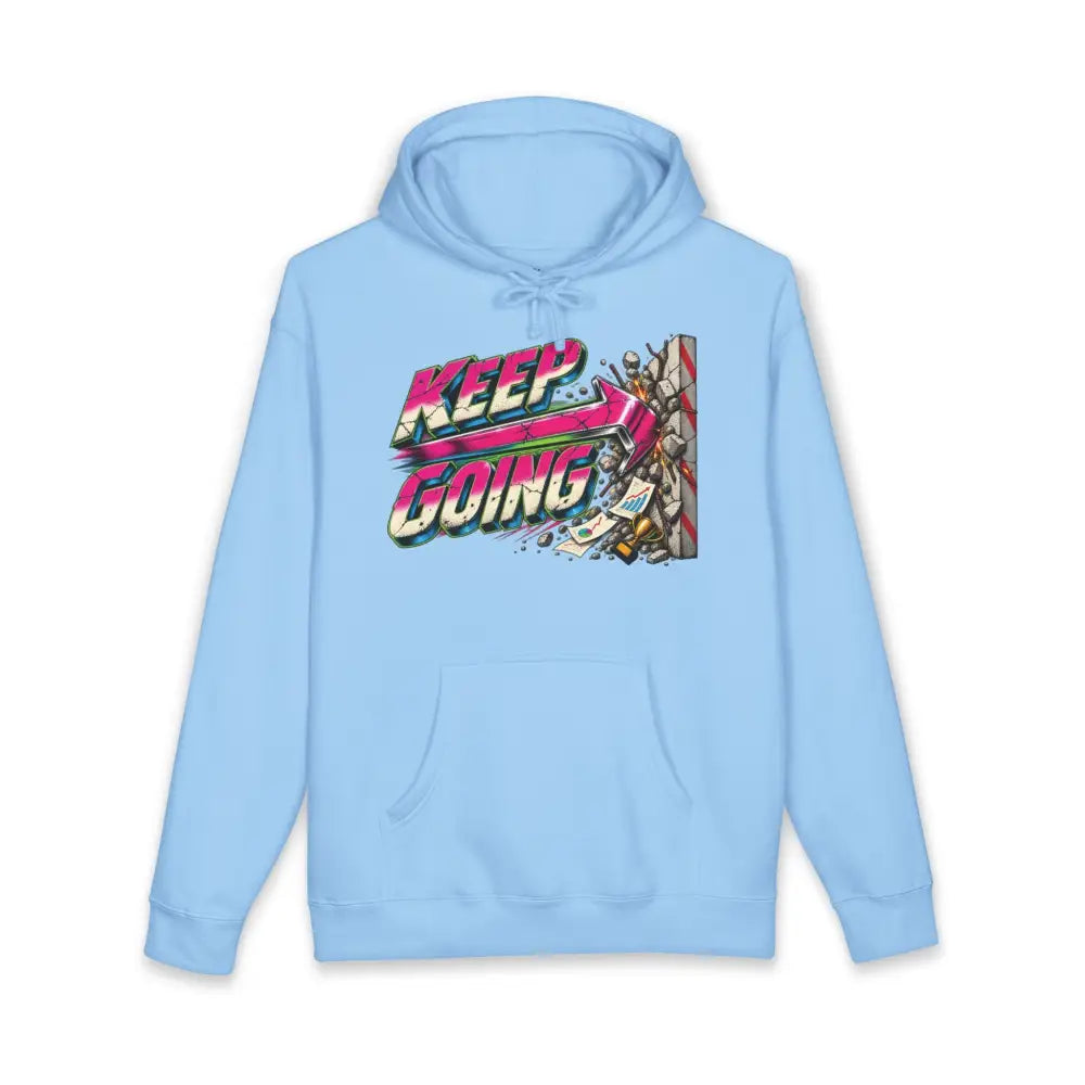 Light blue keep going unisex hoodie with vibrant pink green yellow graphic and tear away label machine wash care instructions