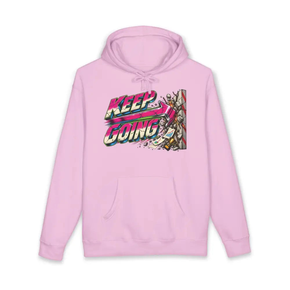Pink unisex hoodie with vibrant keep going graphic design featuring bold colors and a tear-away label for easy care instructions and machine wash