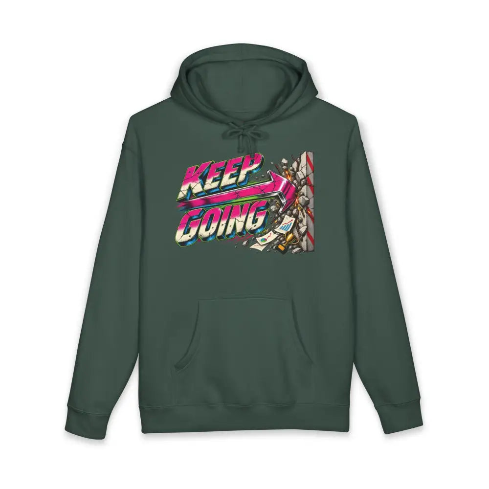 Dark green keep going unisex hoodie with neon pink and blue retro graphic, tear-away label, machine wash care instructions