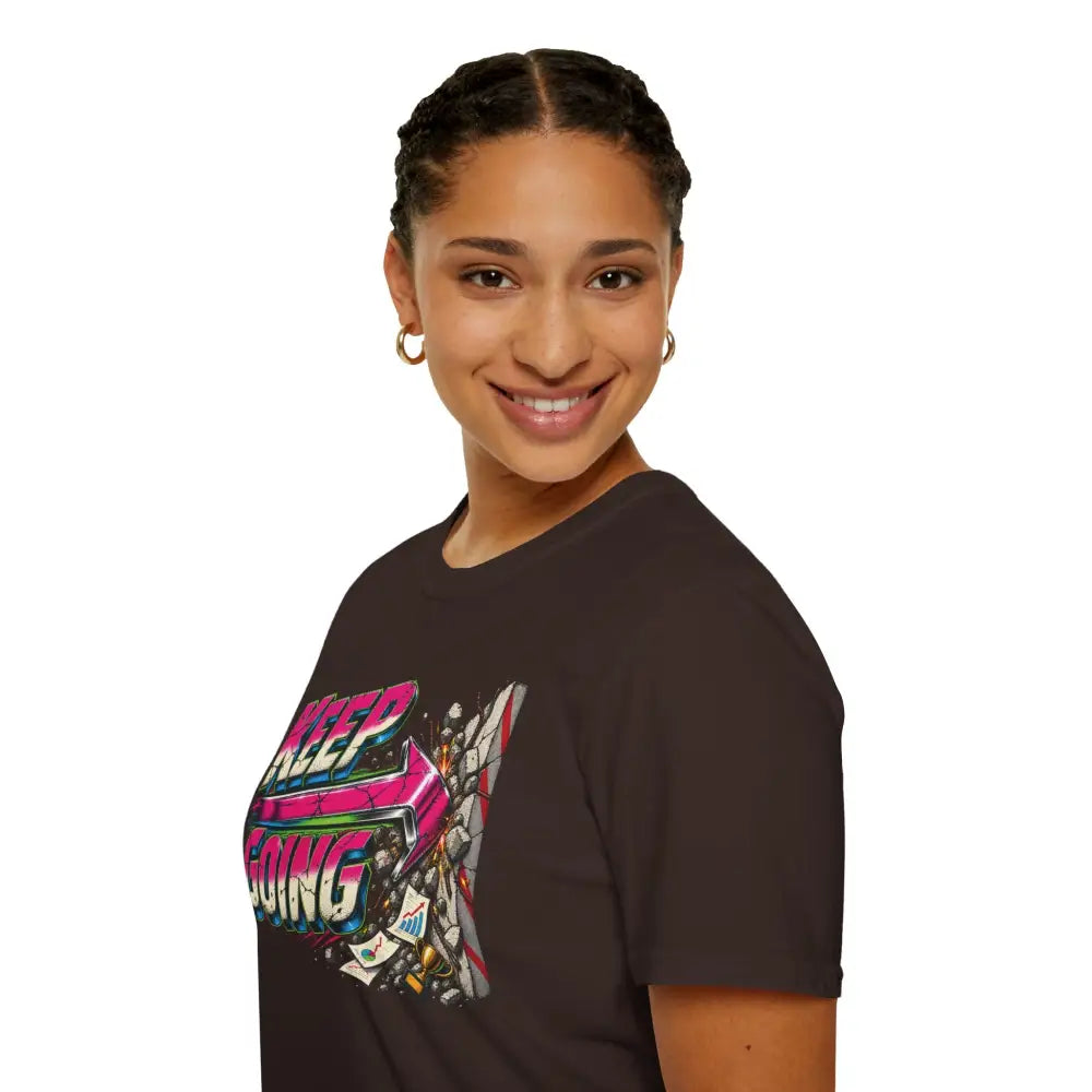 Black keep going unisex t-shirt with neon pink blue white graphic on soft cotton fabric low heat tumble dry care instructions