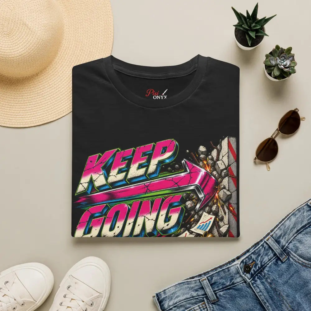 Black cotton keep going unisex t-shirt with vibrant retro graphic in pink and blue gradient tumble dry low heat care instructions
