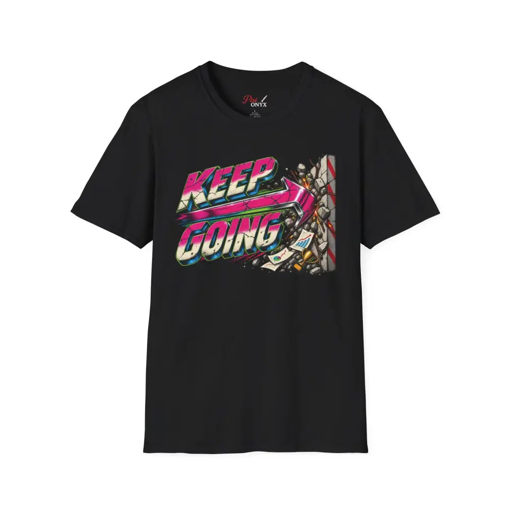 Black short-sleeved keep going unisex t-shirt with neon graphic and dynamic shattered glass design low heat tumble dry care instructions