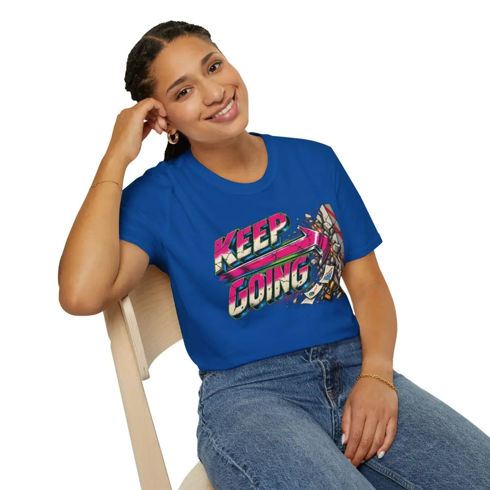 Blue cotton keep going unisex t-shirt with vibrant pink green white graphic and low heat tumble dry care instructions