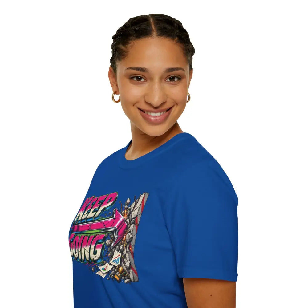 Blue cotton keep going unisex t-shirt with colorful robot graphic and motivational text, low heat tumble dry care instructions