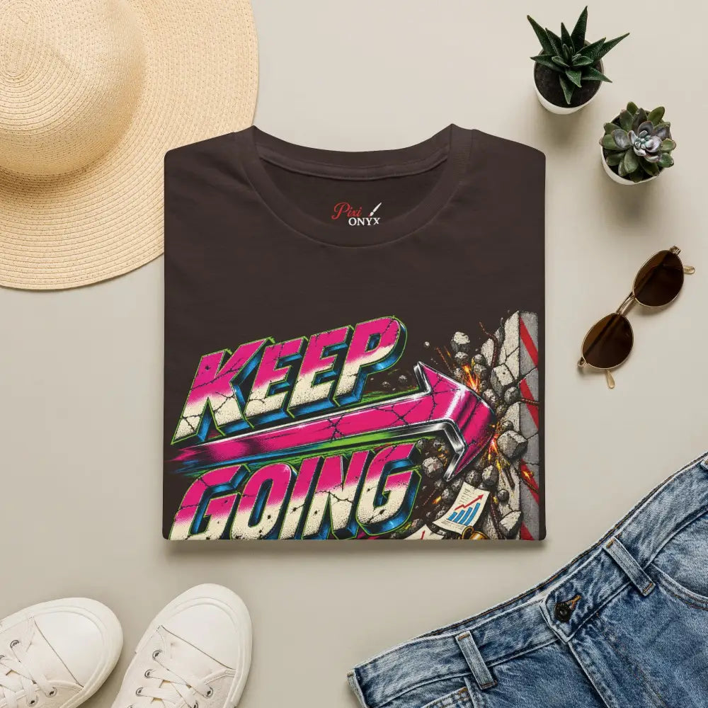 Dark brown cotton keep going unisex t-shirt with vibrant neon retro graphic and care instructions for low heat tumble dry