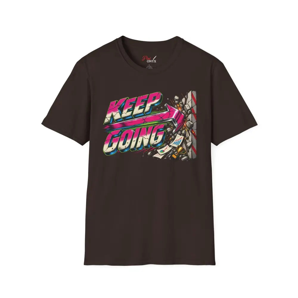 Dark brown short-sleeved keep going unisex t-shirt with neon pink purple teal graphic on shattered concrete background care instructions low heat tumble dry