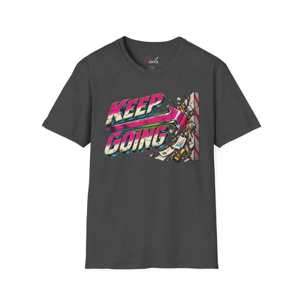 Dark gray unisex keep going t-shirt with neon pink and blue retro graphic, care instructions recommend low heat tumble dry