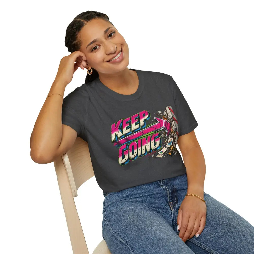 Dark gray cotton keep going unisex t-shirt with neon playing cards graphic and care instructions for low heat tumble dry