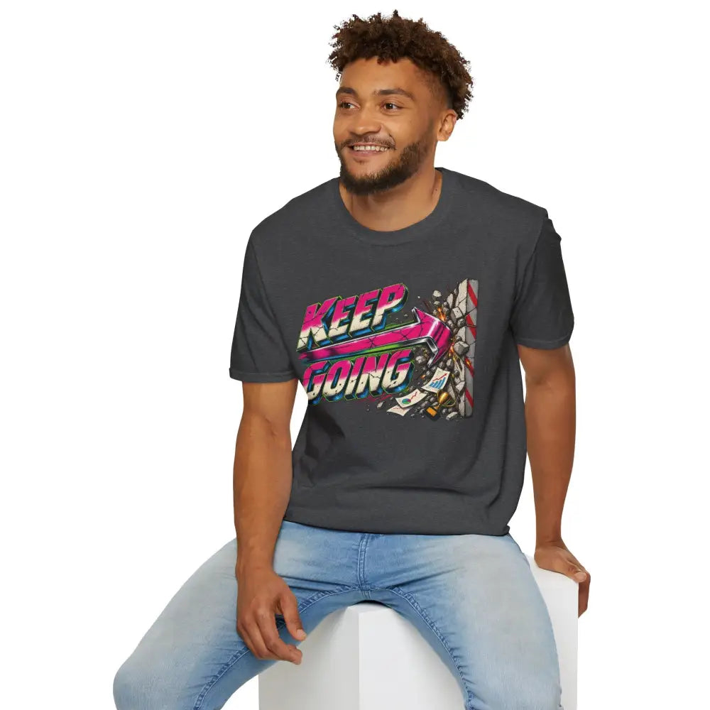 Dark gray cotton keep going unisex t-shirt with neon pink teal graphic collage design low heat tumble dry care instructions