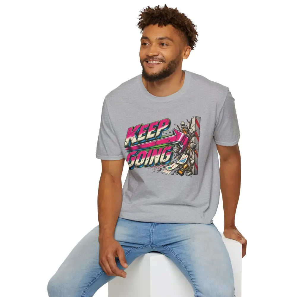 Gray cotton keep going unisex t-shirt with vibrant pink green white graphic and low heat tumble dry care instructions