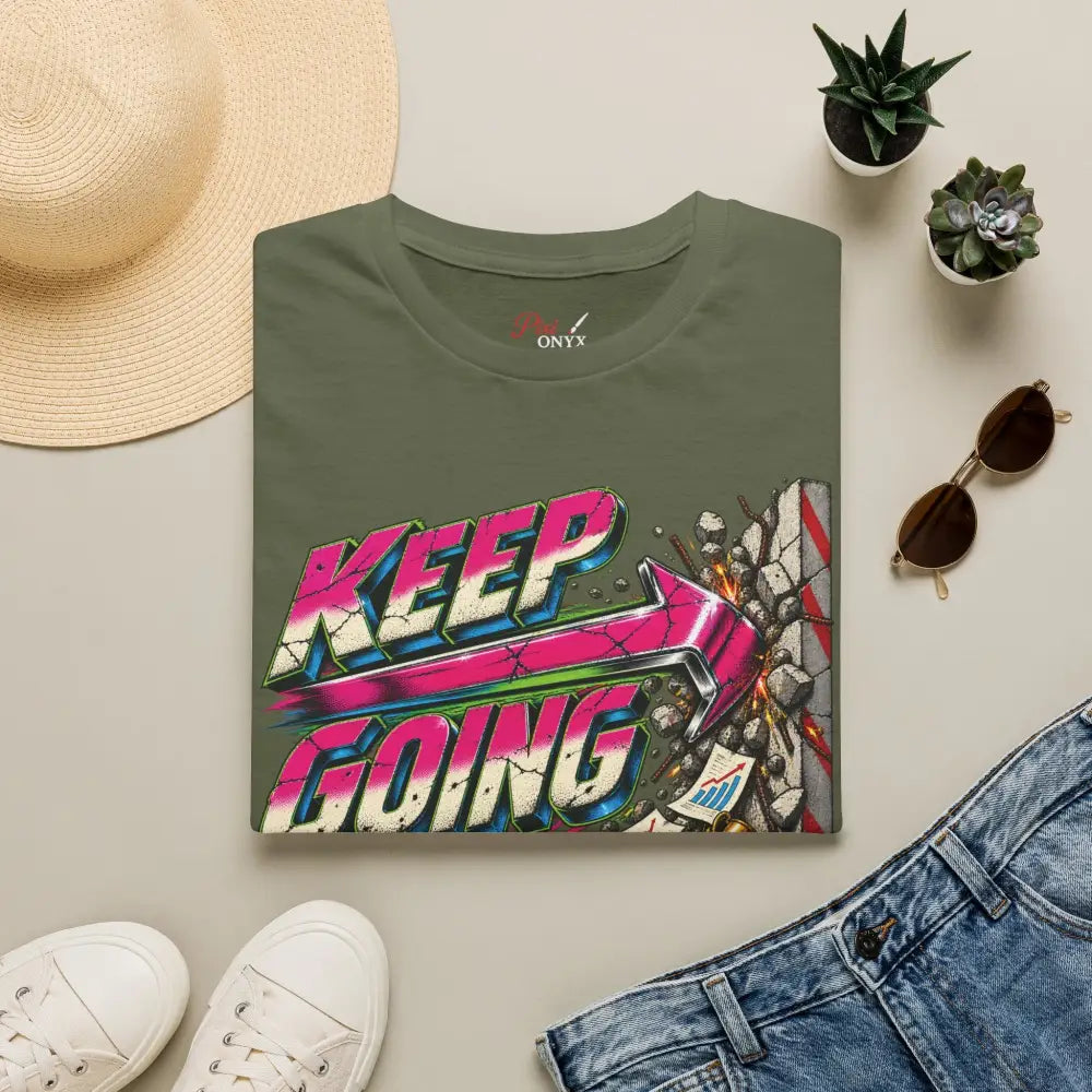 Olive green cotton keep going unisex t-shirt with retro pink and blue graphic, low heat tumble dry care instructions