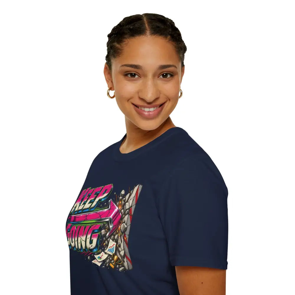 Navy blue keep going unisex t-shirt with vibrant pink teal graphic and robot design tumble dry low heat care instructions