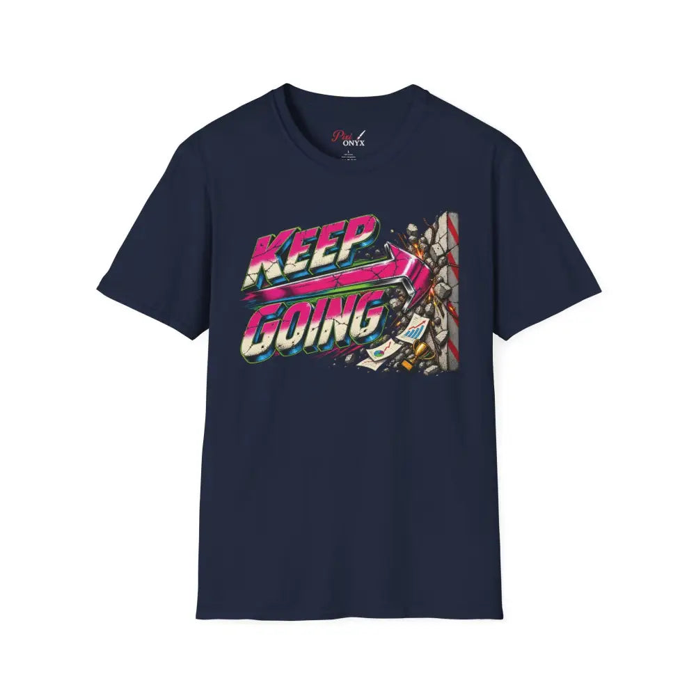 Navy blue keep going unisex t-shirt with vibrant pink green white graphic and low heat tumble dry care instructions