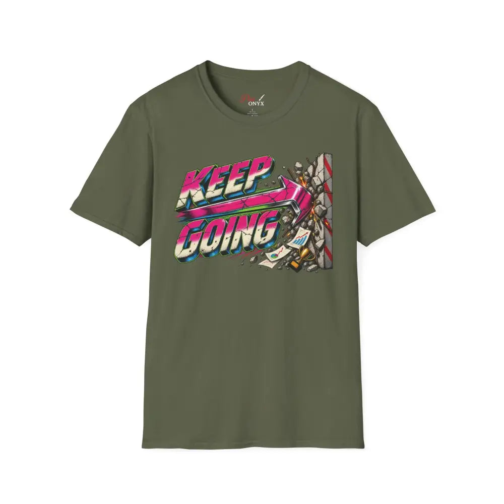 Olive green keep going unisex t-shirt with neon pink and blue graphic and care instructions for low heat tumble dry