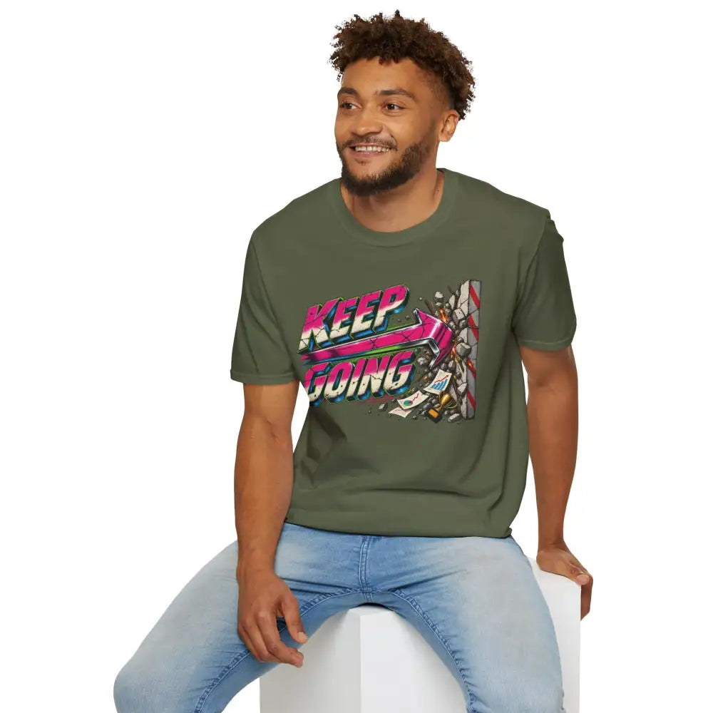 Olive green keep going unisex t-shirt with motivational retro graphic and care instructions for low heat tumble dry
