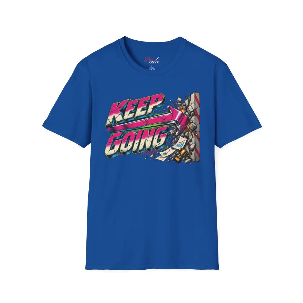 Royal blue keep going unisex t-shirt with vibrant pink and teal retro graphic featuring arrow through wall low heat tumble dry care instructions