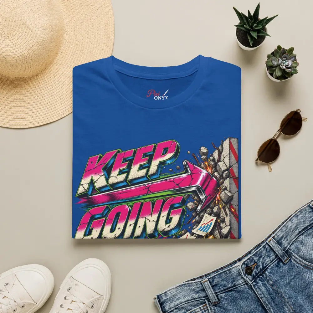 Blue cotton keep going unisex t-shirt with bold pink green graphic and onyx embroidery tumble dry low heat care instructions