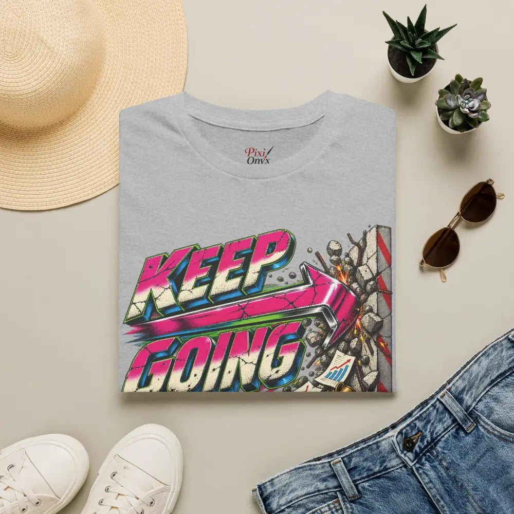 Gray cotton keep going unisex t-shirt with vibrant retro graphic in pink and blue care instructions recommend low heat tumble dry