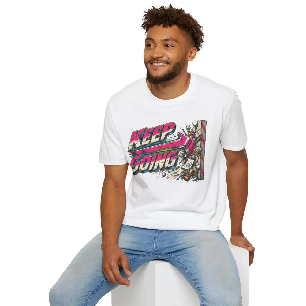 White cotton keep going unisex t-shirt with vibrant pink green black graphic, low heat tumble dry care instructions