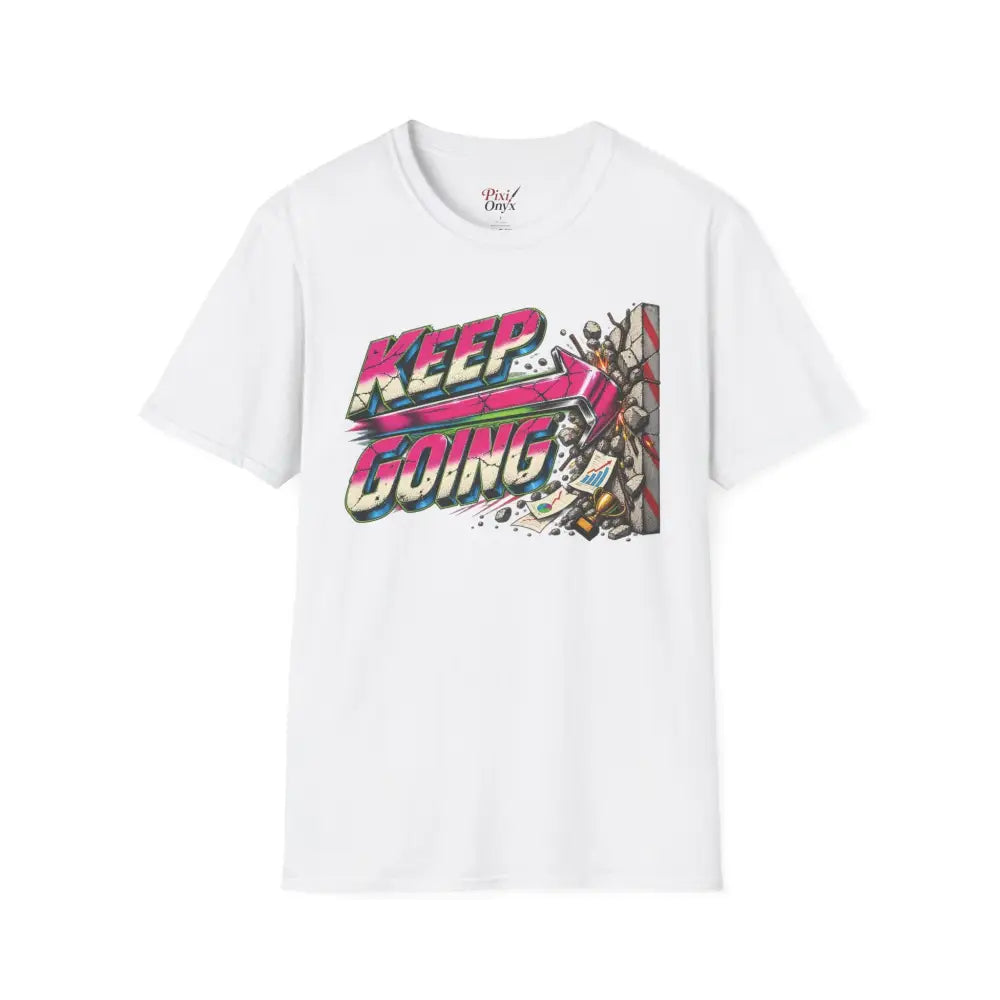 White short-sleeved unisex t-shirt with vibrant retro keep going graphic in pink and teal care instructions low heat tumble dry