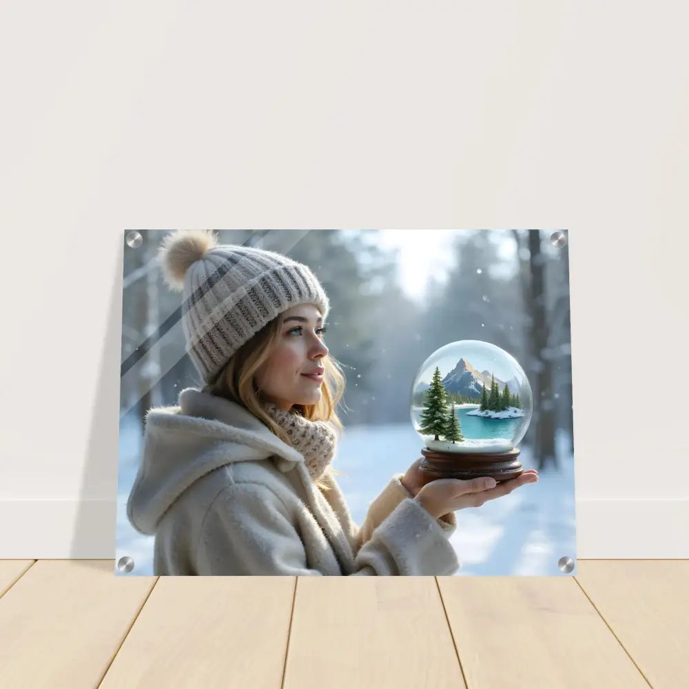 Acrylic wall print of a woman holding a snow globe from Kept in Glass PixiOnyx