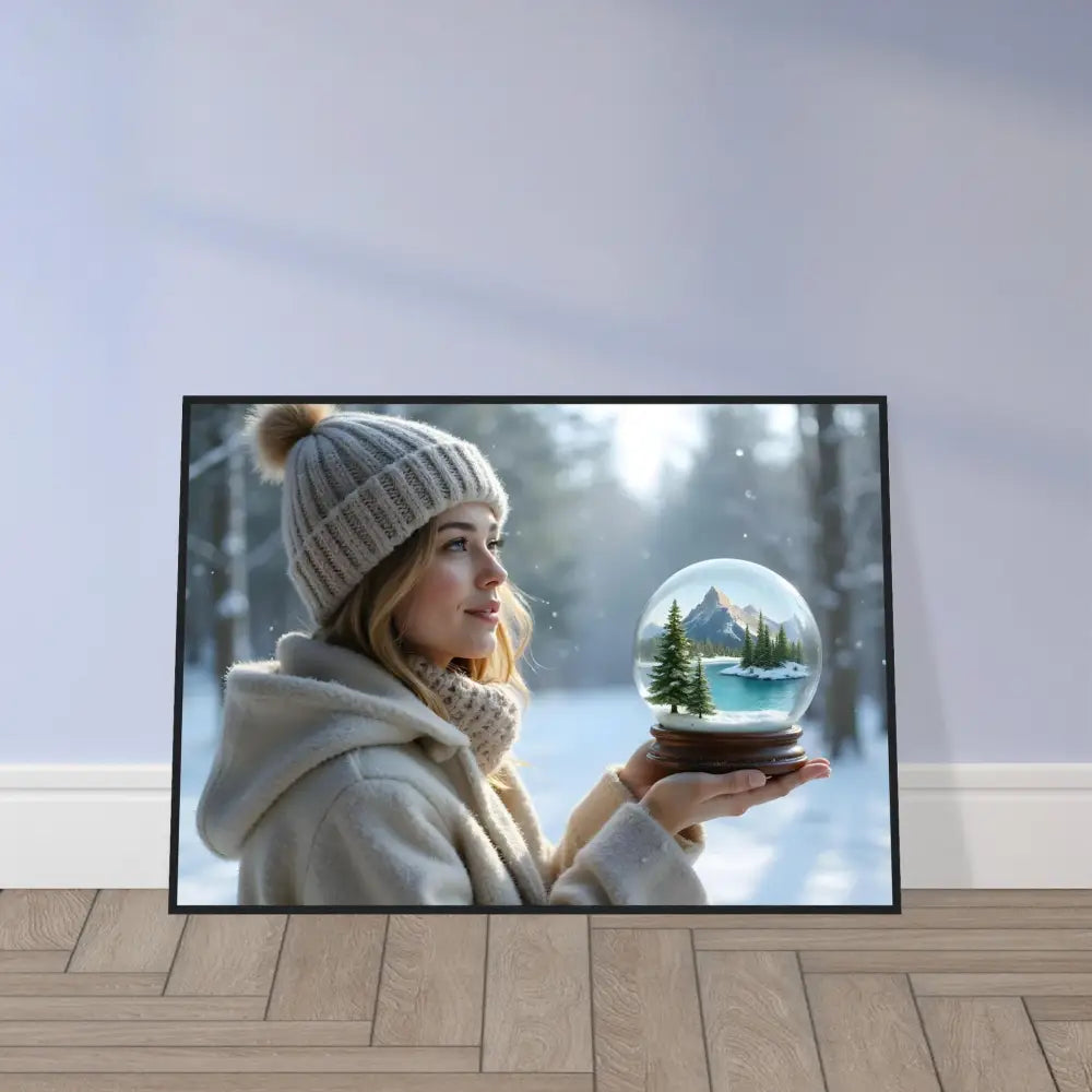 Framed winter scene art titled Kept in Glass PixiOnyx Matte Print featuring a winter girl