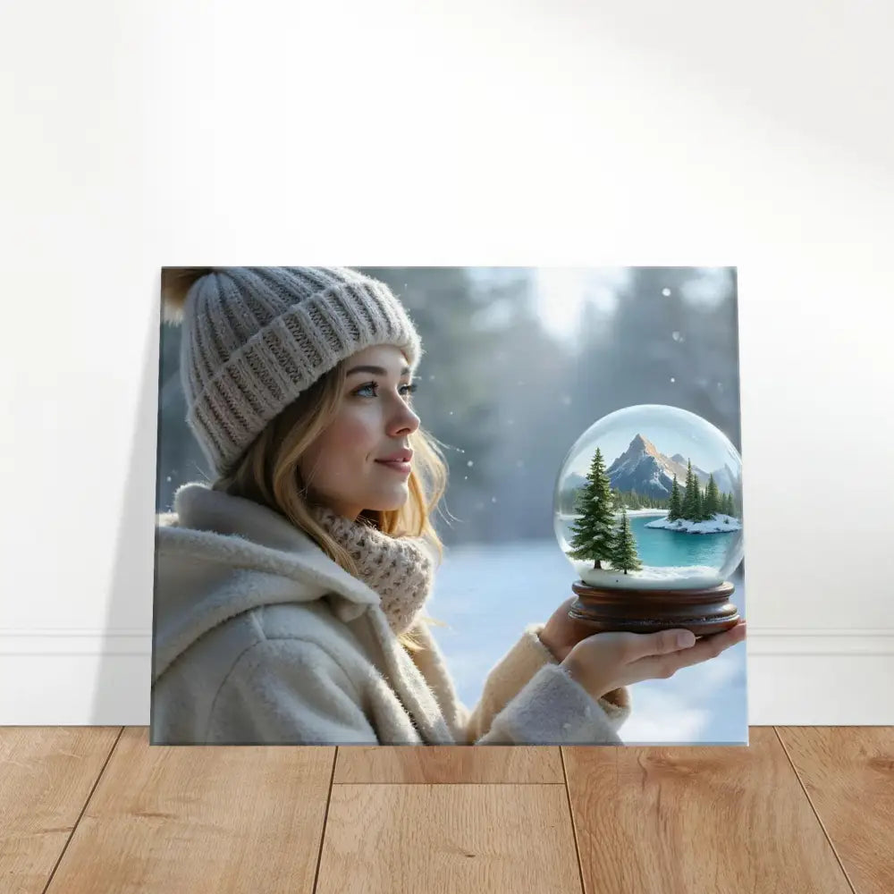 Winter scene canvas print featuring a girl with glass art in surreal wall decor