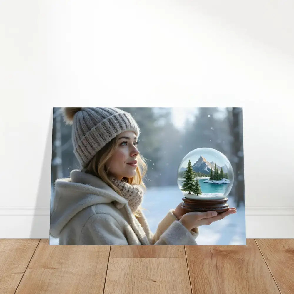 Winter scene snow globe print on Kept in Glass Winter Girl Canvas Wall Art