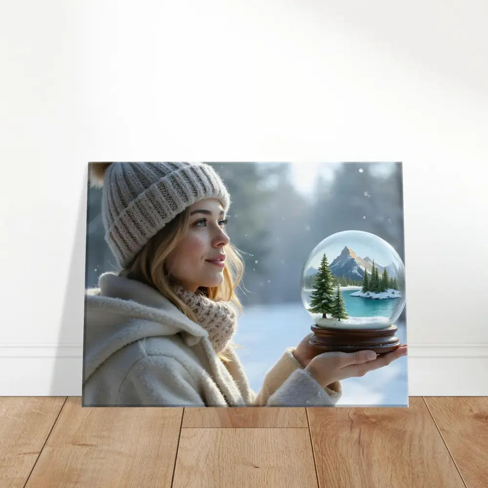 Canvas print of a woman holding a snow globe from Kept in Glass Winter Girl Wall Art