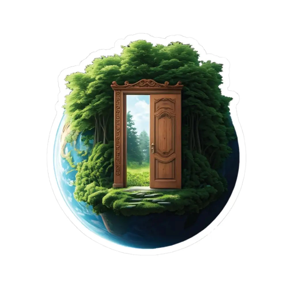 Ornate wooden door leading to a forest depicted on Kiss-Cut Sticker Door to Earth PixiOnyx Series