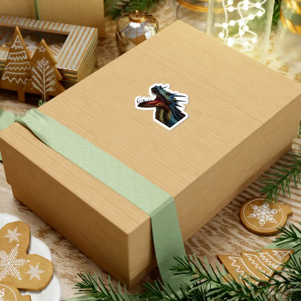 Wrapped gift box featuring Kiss-Cut Sticker Dragon’s Fury PixiOnyx Fantasy Flame Decal