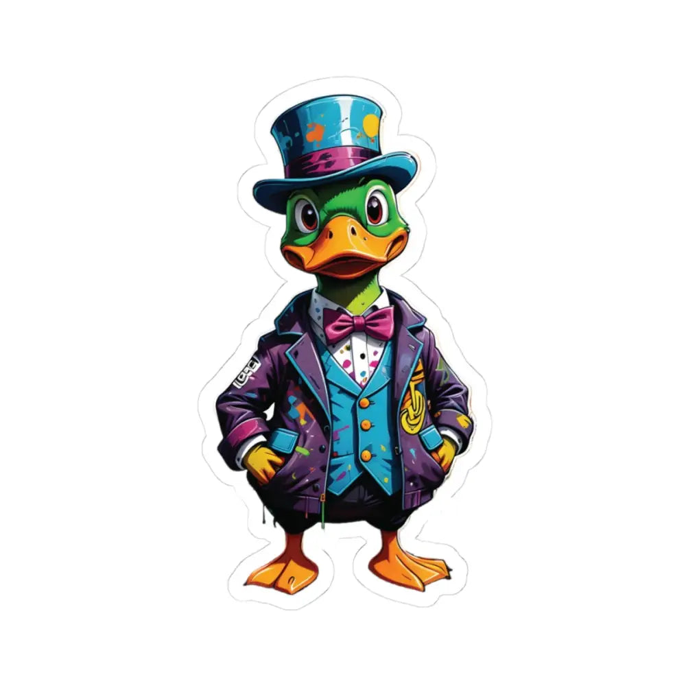 Cartoon Duck in a colorful suit and top hat on Kiss-Cut Sticker Gangster Duck PixiOnyx FeatherFlex