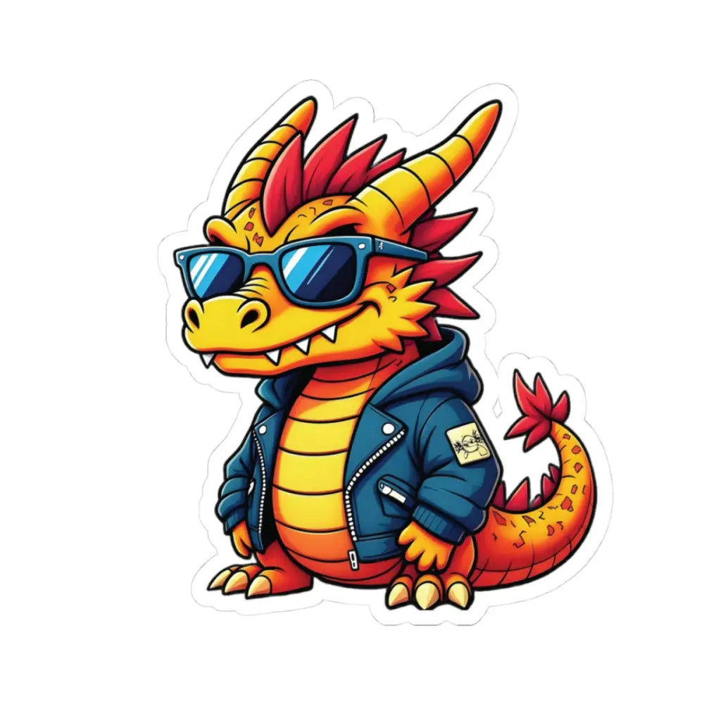 Cartoon Groove Dragon wearing sunglasses and a jacket on Kiss-Cut Sticker PixiOnyx Funkcore