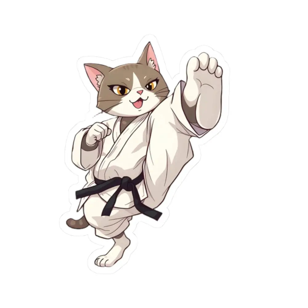 Cartoon cat in karate gi kiss-cut sticker from PixiOnyx Combat Whiskers Series