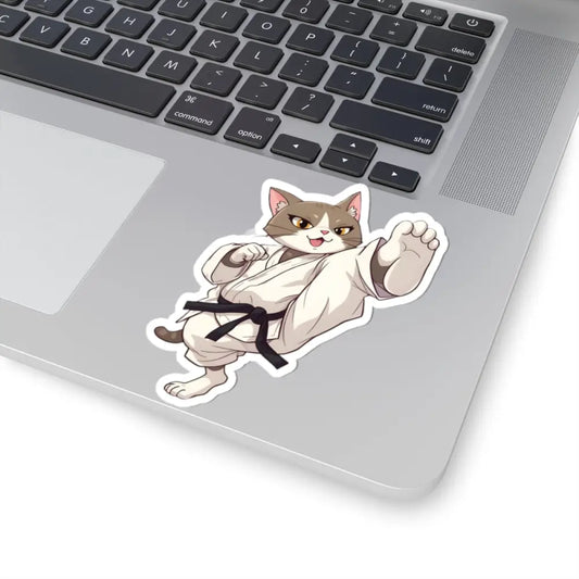 Karate cat sticker from PixiOnyx Combat Whiskers series on a product display