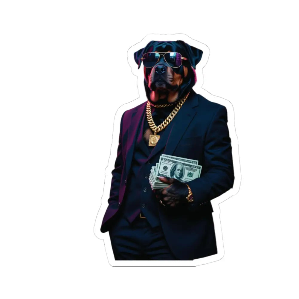 Rottweiler in a suit with money and jewelry for Kiss-Cut Sticker Kingpin K9 PixiOnyx