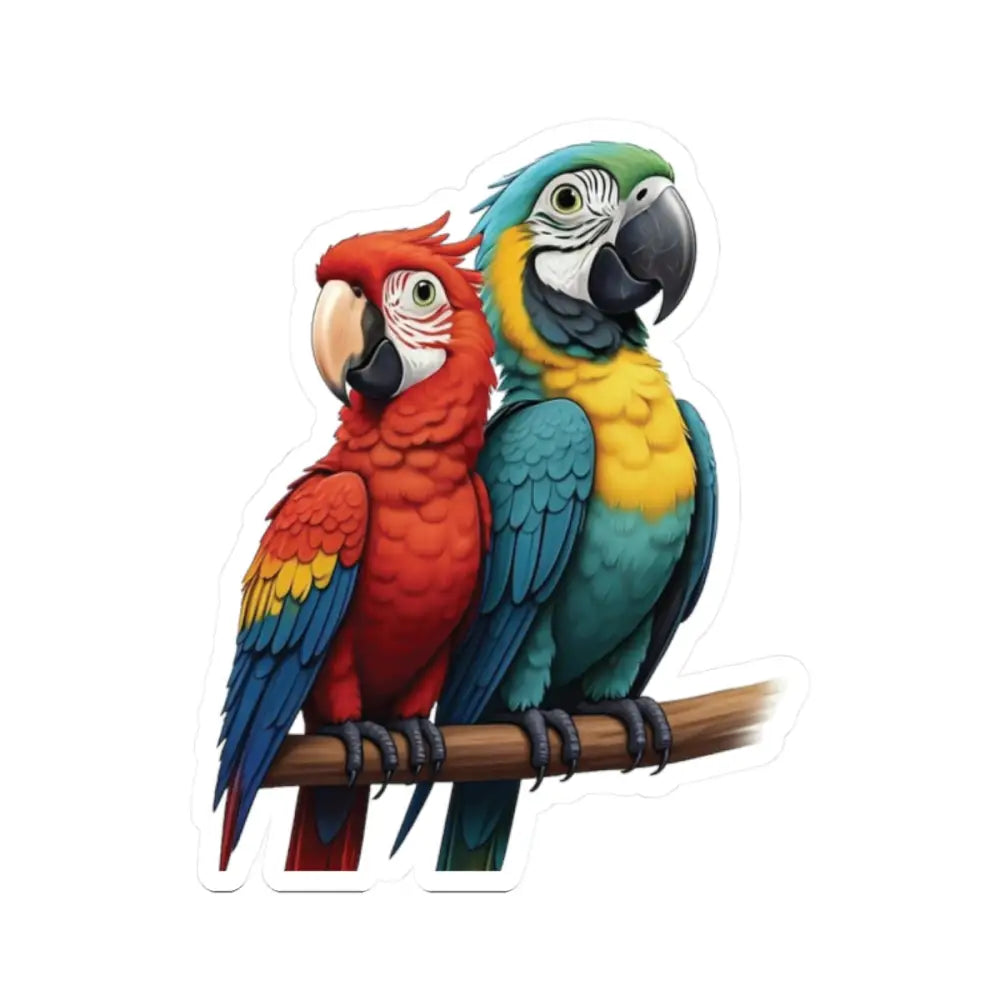 Colorful parrots perched on a branch for Kiss-Cut Sticker Macaw Legends Cameo PixiOnyx Tropical Icon Series