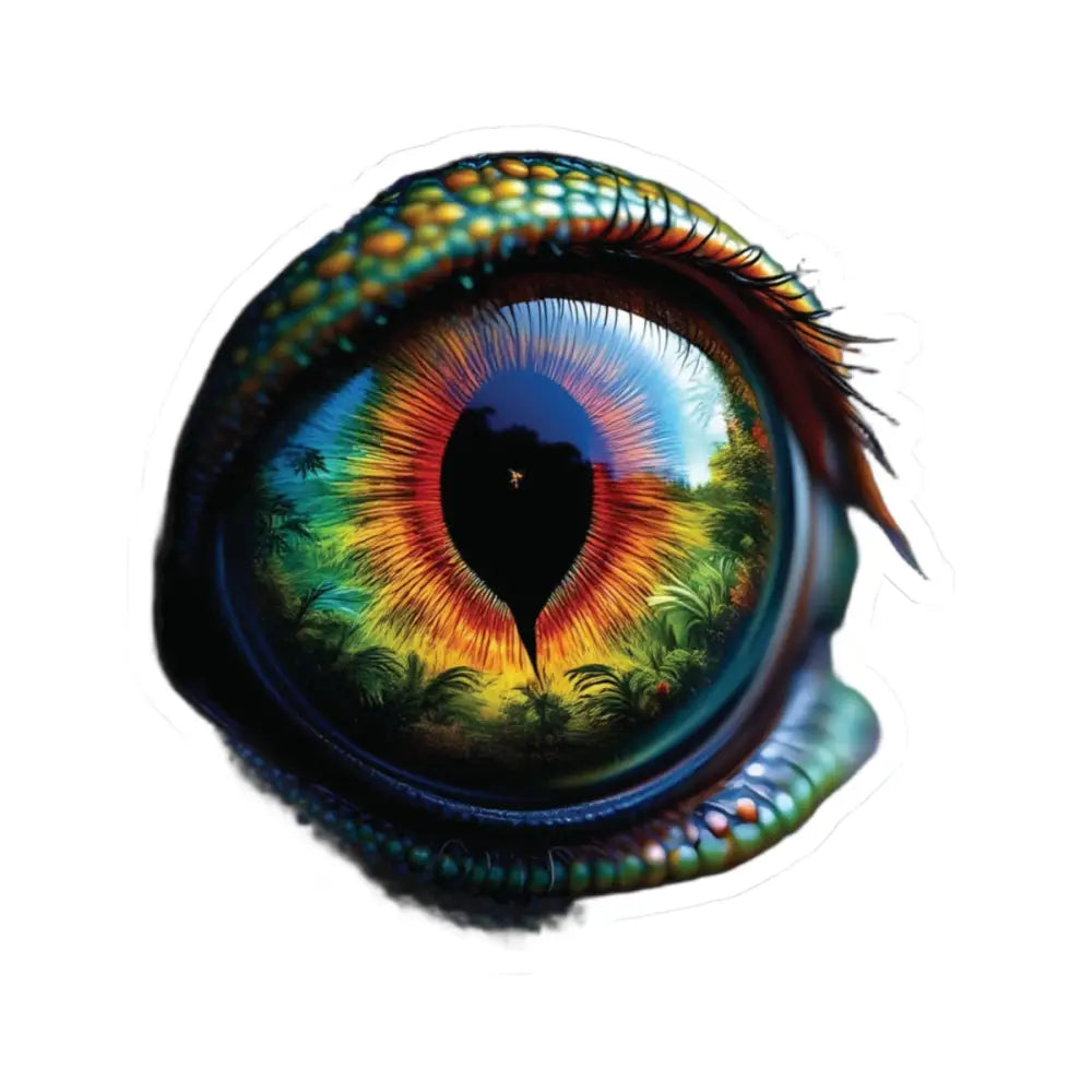 Reptilian eye reflecting a lush jungle scene on a Kiss-Cut Sticker from PixiOnyx Chromatic Gaze Series