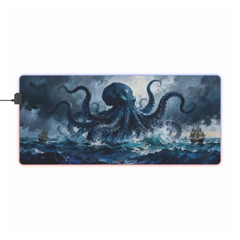 Kraken Storm led gaming mouse pad with dark blue octopus design and rgb lighting for pc gamers desk setup