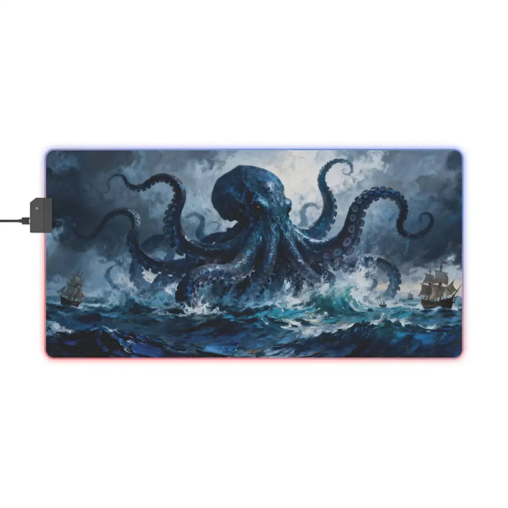 Kraken storm led gaming mouse pad with rgb lighting features a dark blue octopus and ships on a large desk mat for pc gamers