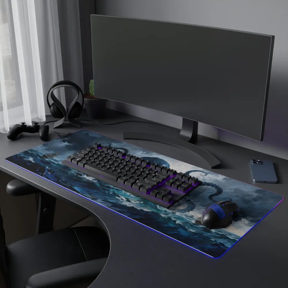 Kraken storm led gaming mouse pad with blue ocean theme and glowing purple rgb edge lighting for pc gamers
