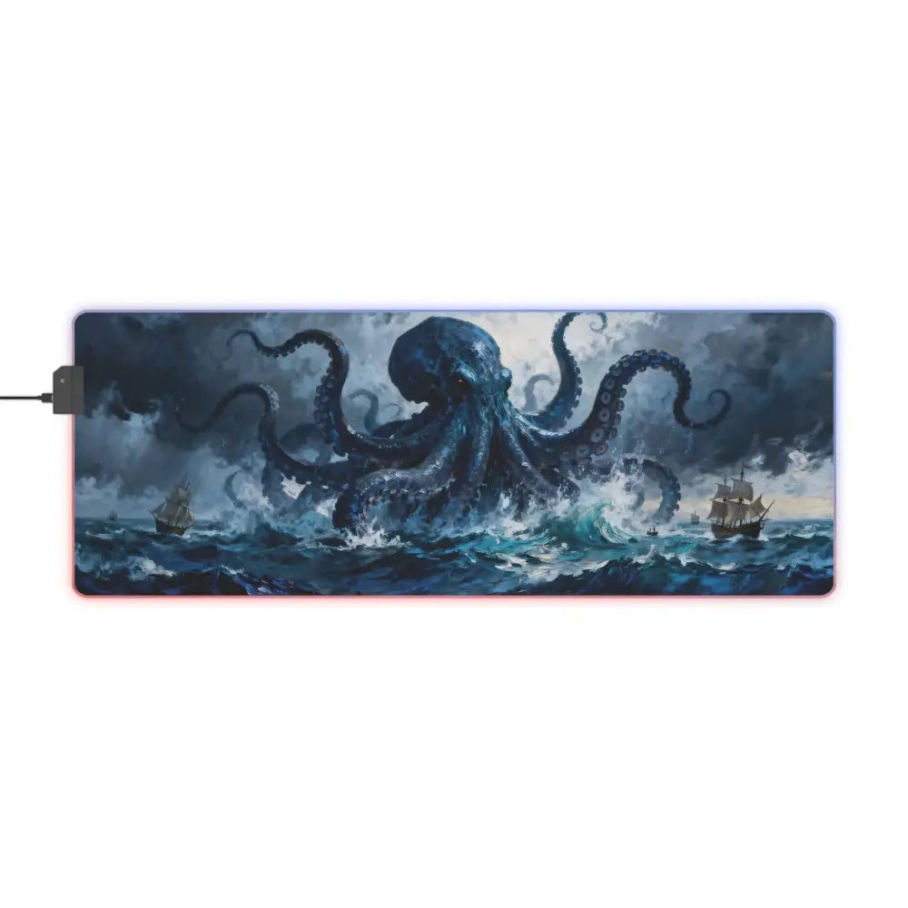 Kraken storm led gaming mouse pad featuring a large illuminated blue octopus design for pc gamers