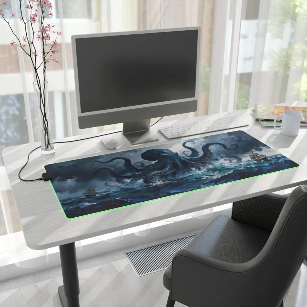 Kraken storm led gaming mouse pad with dark blue oceanic octopus design and glowing green edge for pc gamers