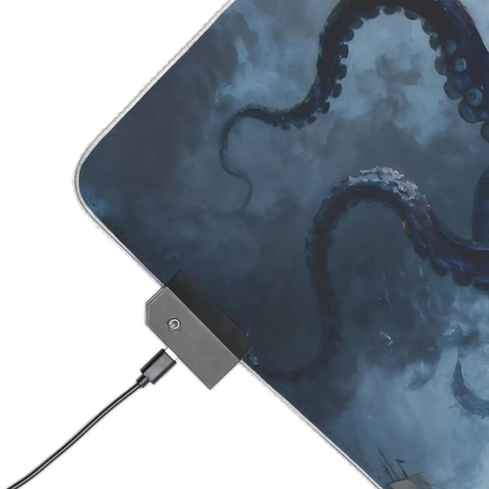 Kraken storm led gaming mouse pad featuring a sleek dark blue octopus design with stitched edges and matte finish for pc gamers