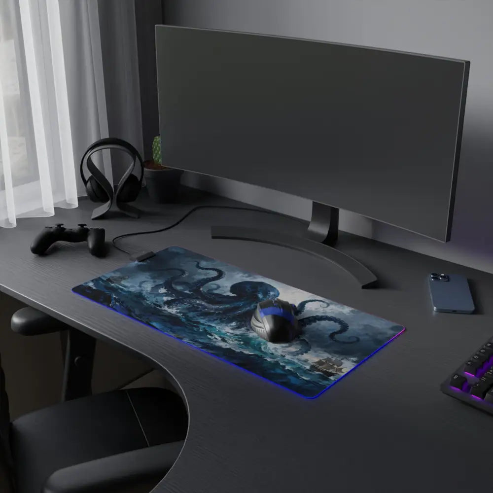 Blue illuminated kraken storm led gaming mouse pad with glowing edges and detailed octopus design for pc gamers