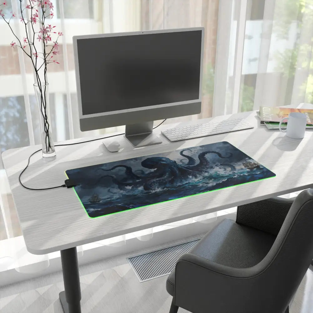 Kraken Storm led gaming mouse pad with dark blue octopus design and glowing green rgb edge lighting for pc gamers